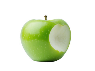 fresh green apple with a single bite taken out isolated on transparent background 