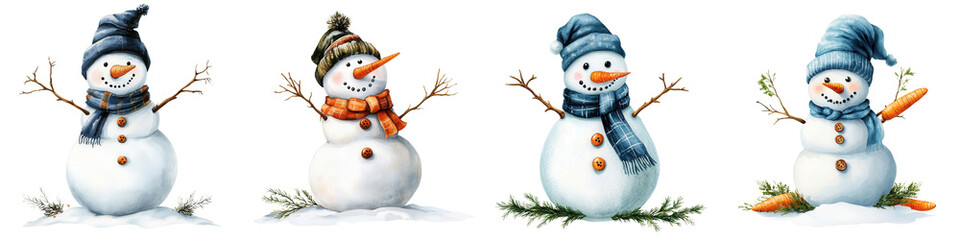 Cheerful snowman characters with hats and scarves, perfect for winter-themed designs or holiday decorations.