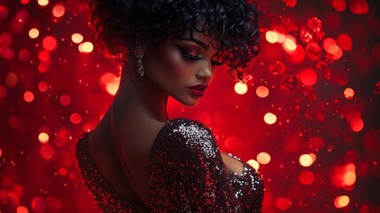 Sticker - A glamorous portrait of a woman against a vibrant red bokeh background.