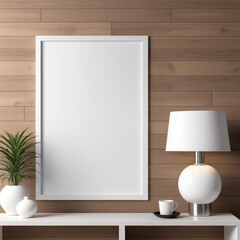 white poster frame close up in modern home interior with light dark colored wood texture walls, wall mockup, 3d rendering