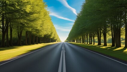 Asphalt road winding through lush green countryside under a clear blue sky