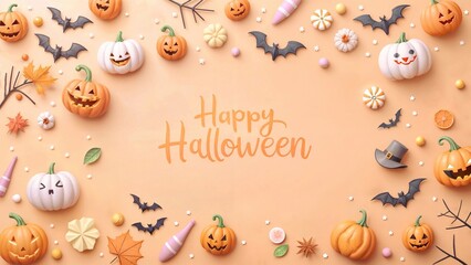 Wall Mural - Colorful Halloween greeting, warm orange background and a variety of Halloween-themed icons and text