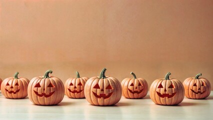 Wall Mural - Collection of pumpkins with carved jack-o-lantern faces on a white surface, with an orange background, copy space