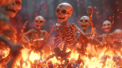 Canvas Print - Skeletons dancing in fire. Fire is orange. Skeletons laugh.