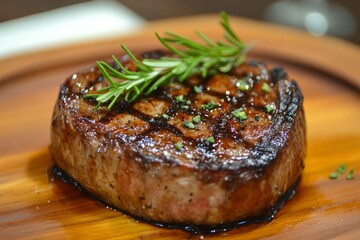 Wall Mural - A juicy grilled steak garnished with rosemary on a wooden platter.