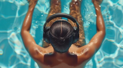 Wall Mural - A woman in the pool with headphones listening to music.