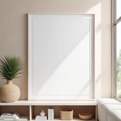 white poster frame close up in modern home interior with light beige colored texture walls, wall mockup, 3d rendering