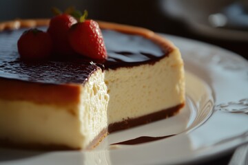 Wall Mural - Basque Cheesecake. Delicious Homemade Dessert on White Plate, Close-up Photo