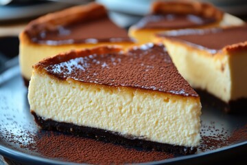 Wall Mural - Basque Cheesecake - Close Up Photo of Delicious Homemade Dessert on White Plate