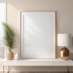 white poster frame close up in modern home interior with light beige colored texture walls, wall mockup, 3d rendering