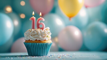 happy sweet 16. birthday card with number 16 candle cupcake, balloons background. sweet sixteen cele
