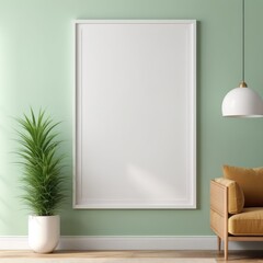 white poster frame close up in modern home interior with light green colored walls, wall mockup, 3d rendering