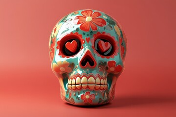 A vibrant sugar skull decorated with intricate floral designs and heart-shaped accents sits against a bold backdrop, showcasing creativity and culture.