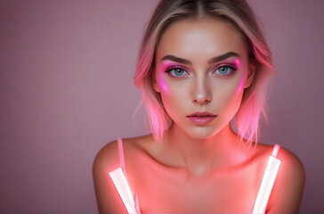 Beautiful female young model with vibrant glow makeup, skin care concept