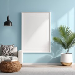 white poster frame close up in modern home interior with light blue colored walls, wall mockup, 3d rendering