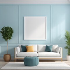 white poster frame close up in modern home interior with light blue colored walls, wall mockup, 3d rendering