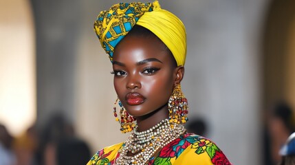 Sticker - A model showcasing vibrant fashion with traditional accessories and headwrap.