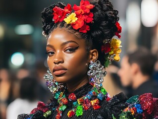 Sticker - A model showcasing vibrant fashion with floral accessories and bold makeup.