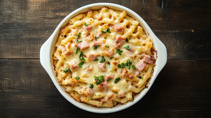 Poster - Delicious baked mac and cheese topped with melted cheese, ham, and fresh parsley