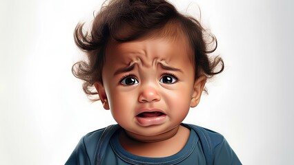 Little boy with sad grimace on face. Crying, sad child, close up isolated on white background.