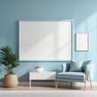 © Hendry - white poster frame close up in modern home interior with light blue colored walls, wall mockup, 3d rendering