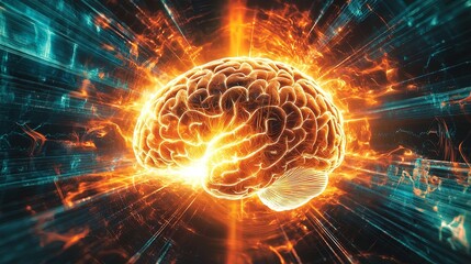 Wall Mural - A high-resolution graphic of a brain with radiant sound wave patterns and cosmic energy fields, featuring detailed lighting and shadow effects. High resolution 8K