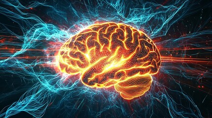 Wall Mural - A high-resolution graphic of a brain with radiant sound wave patterns and cosmic energy fields, featuring detailed lighting and shadow effects. High resolution 8K