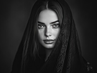 Wall Mural - A monochrome portrait of a woman with a black veil, expressing depth and emotion.