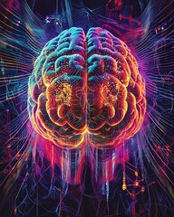 A professional graphic of a brain with pulsating sound waves and cosmic hues, featuring intricate lighting and shadow play. High resolution 8K