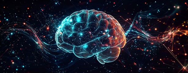 Wall Mural - a sophisticated graphic of a brain with interconnected sound waves and cosmic elements, featuring pr