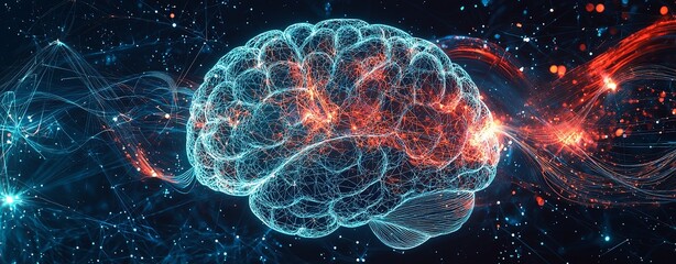 Wall Mural - a sophisticated graphic of a brain with interconnected sound waves and cosmic elements, featuring pr