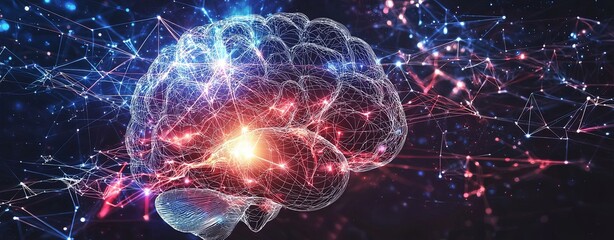 Wall Mural - a sophisticated graphic of a brain with interconnected sound waves and cosmic elements, featuring pr