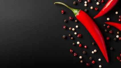 Canvas Print - Red and white chili peppers with assorted peppercorns on a dark countertop