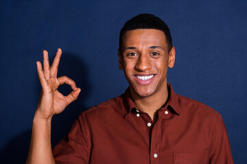 Poster - Photo portrait of attractive young man show okey dressed stylish brown clothes isolated on blue color background