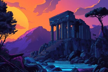 Ancient Ruins at Sunset by a Serene River