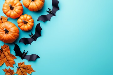 Wall Mural - Colorful Halloween decorations featuring pumpkins, black bats, and autumn leaves arranged on a pastel blue background create a festive atmosphere.