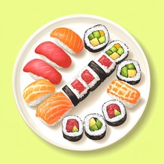 Wall Mural - A plate of assorted sushi types including rolls and nigiri.