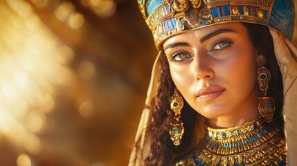 A portrait of a regal woman adorned in ancient Egyptian attire and jewelry.