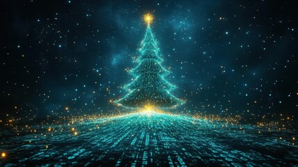 futuristic digital christmas tree composed of glowing green data streams and holographic ornaments set against a starry night sky background with binary code snow