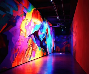 Colorful abstract mural in a vibrant art gallery hallway