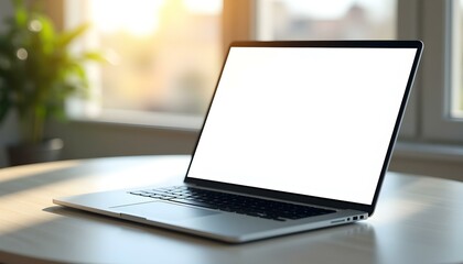 laptop lying open on a neat table, in the background natural light can be seen coming in through the window, laptop with blank screen on the table near the window, 