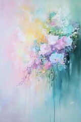 Wall Mural - Abstract painting with soft pastel colors, light blue and turquoise tones, soft pink and purple shades, light yellow accents, thick brushstrokes, applied wet on watercolor paper,