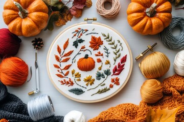 A beautifully crafted embroidery featuring autumn leaves and a pumpkin is surrounded by vibrant yarn and decorative elements, evoking a cozy fall atmosphere.