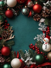 Festive Christmas Border with Green Background and Copy Space - A vibrant Christmas border with red and white ornaments, pine branches, snowflakes, and a snowman, framing a green background perfect fo