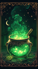 vector digital art of an illustration of the witch's cauldron with green magic swirling inside