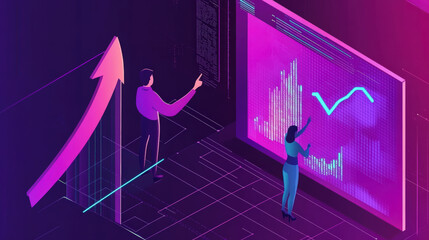 Sticker - a man and woman analyze financial data on large screens with upward trends, depicting growth and pro