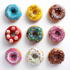 donuts pastries sweets dessert colorful frosting icing sprinkles glazed variety baked food snack treat doughnuts circle sugar round assortment confectionery 