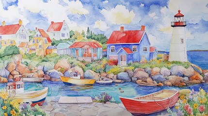 A serene coastal scene with colorful houses, a lighthouse, and boats.