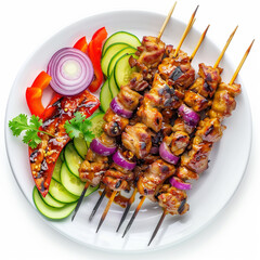 Wall Mural - food skewers vegetables plate meal dish colorful barbecue grilled kebabs chicken red onion zucchini parsley peppers fresh cuisine healthy protein 