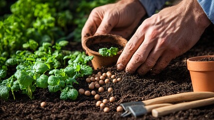 A close-up of a horticulturist's hands planting seeds in rich soil, with tools and pots scattered around